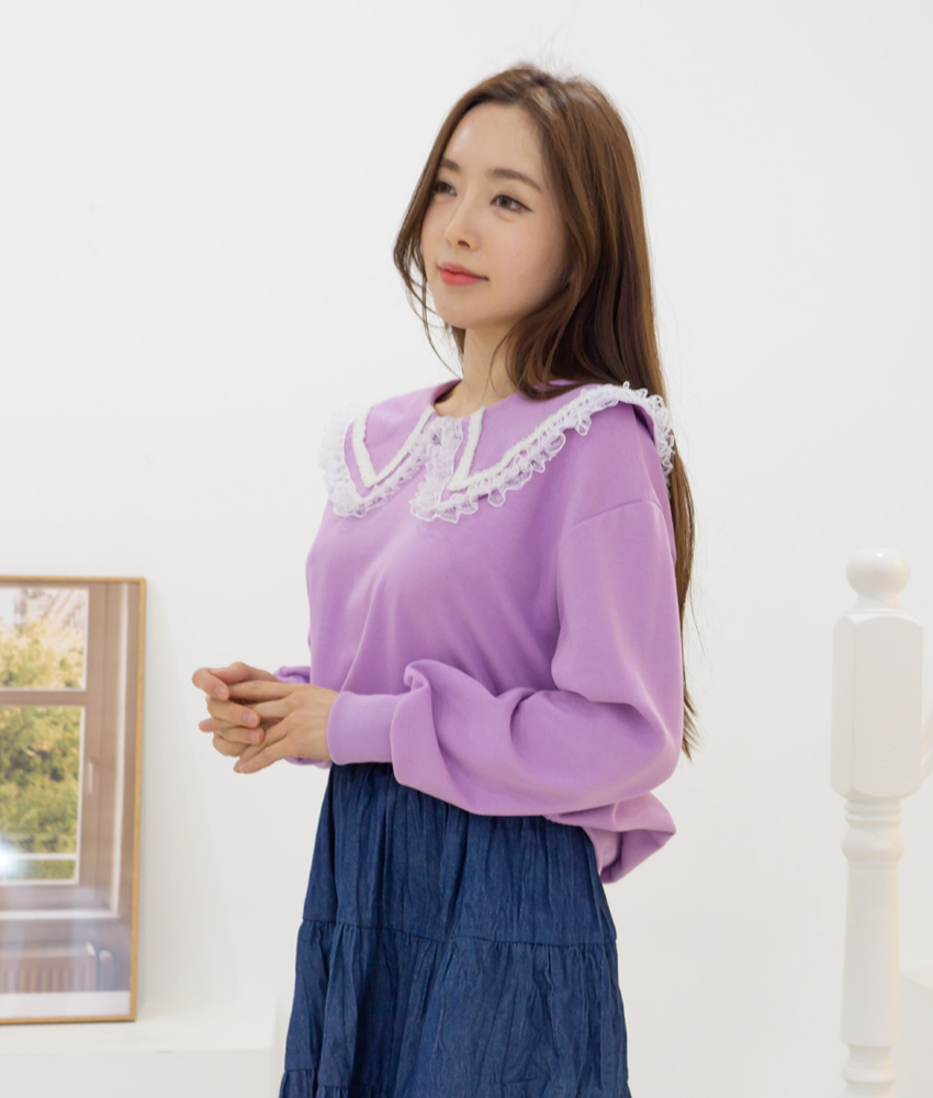 [무배] 스프링 레이스 프릴 빅카라 여성 루즈핏 롱티 맨투맨 이미지 3