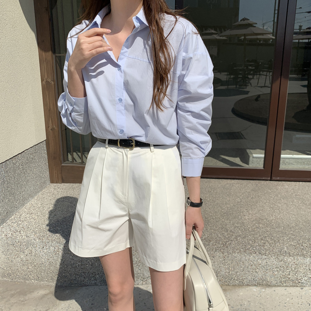오버핏 바스락 면 셔츠 카라 블라우스 남방 여성 셔츠블라우스 소라색 하늘색 화이트