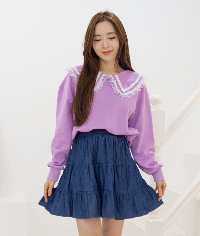 [무배] 스프링 레이스 프릴 빅카라 여성 루즈핏 롱티 맨투맨 이미지 2