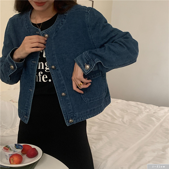 피칸 라운드 크롭 데님 자켓 1ocl 봄 가을 노카라 은장버튼 데일리 코튼 제이플로우 이미지 6