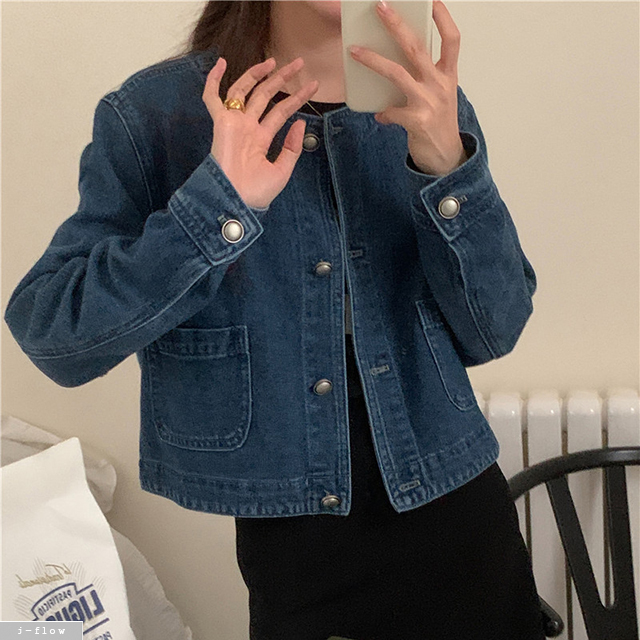 피칸 라운드 크롭 데님 자켓 1ocl 봄 가을 노카라 은장버튼 데일리 코튼 제이플로우 - 상세 이미지 3
