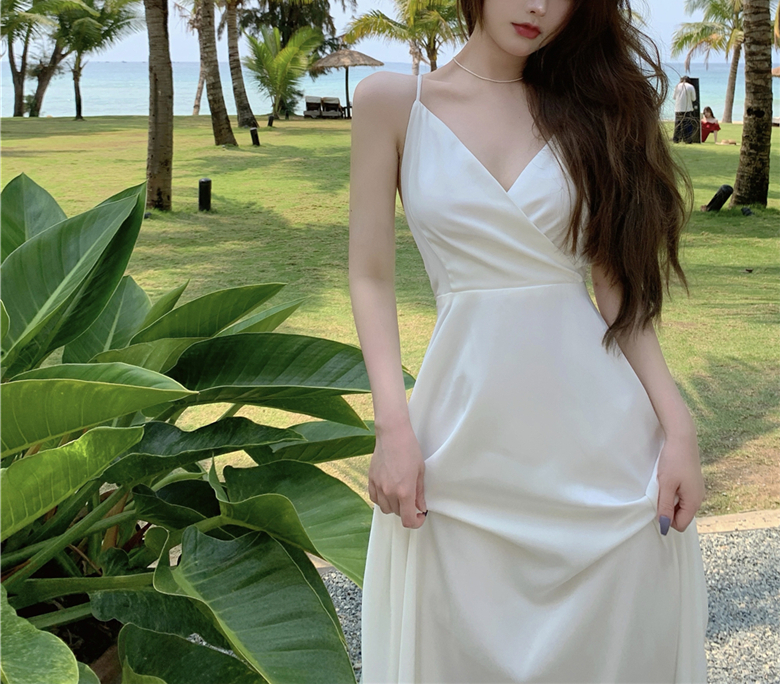 리본 백트임 백리스 여름 뷔스티에 끈나시 화이트 롱원피스 바캉스 여신 휴양지 호캉스 화보 셀프웨딩 비치 드레스 상세 이미지 9