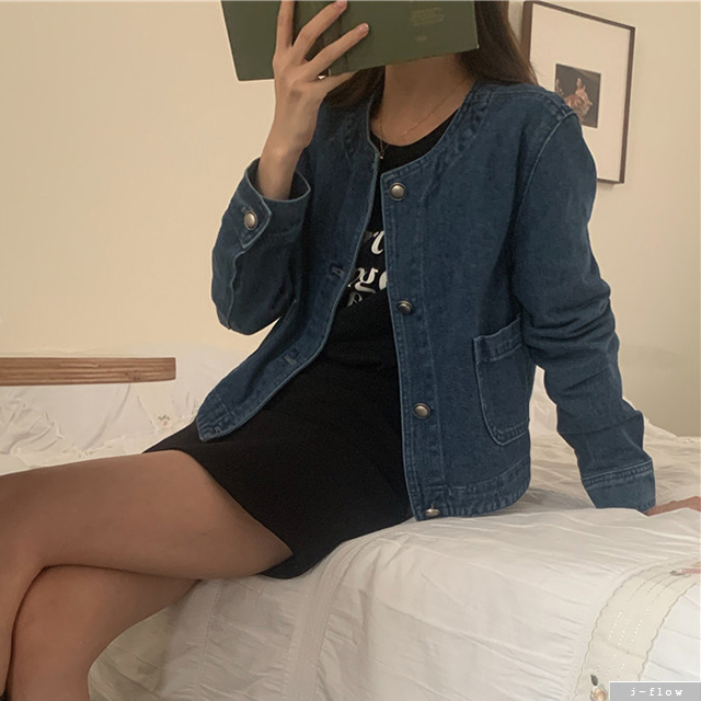 피칸 라운드 크롭 데님 자켓 1ocl 봄 가을 노카라 은장버튼 데일리 코튼 제이플로우 - 상세 이미지 5