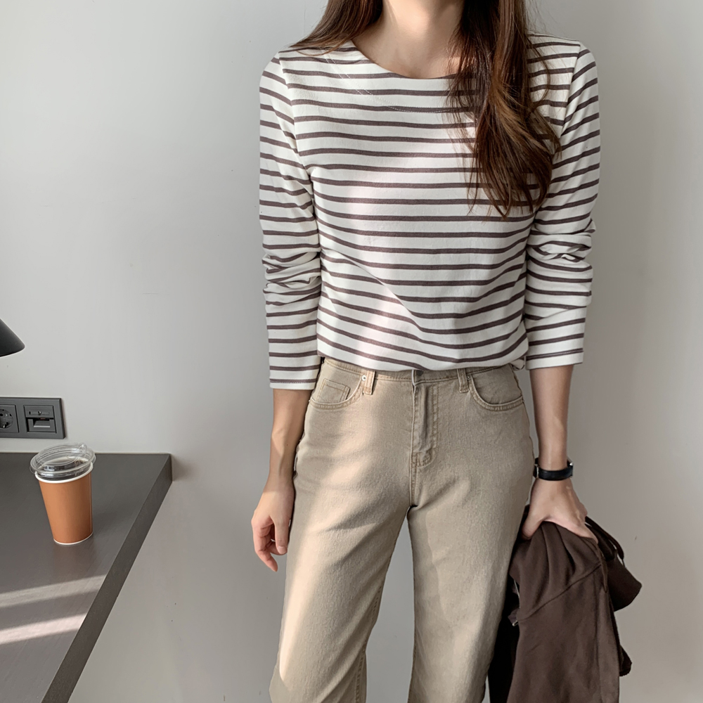 봄 티셔츠 여성 루즈핏 단가라 티셔츠 레이어드 긴팔티 면 라운드 티셔츠