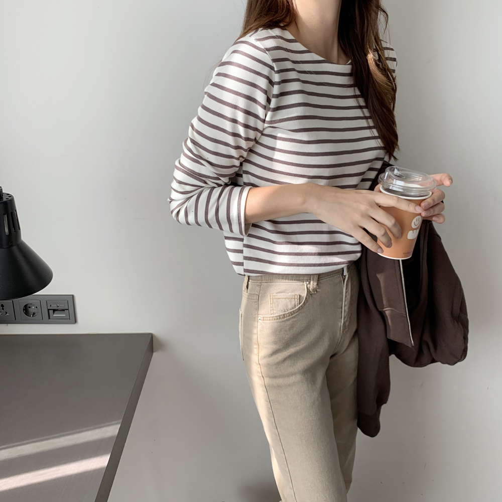 봄 티셔츠 여성 루즈핏 단가라 티셔츠 레이어드 긴팔티 면 라운드 티셔츠