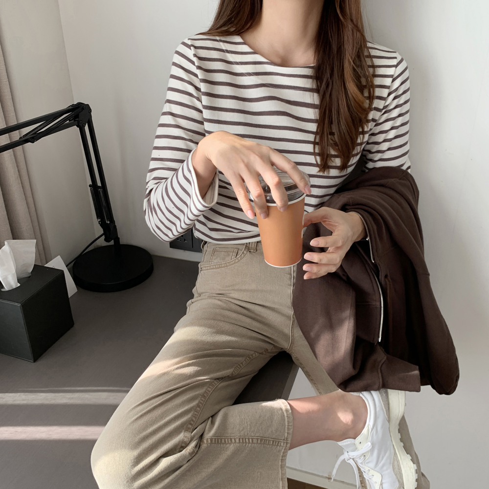 봄 티셔츠 여성 루즈핏 단가라 티셔츠 레이어드 긴팔티 면 라운드 티셔츠