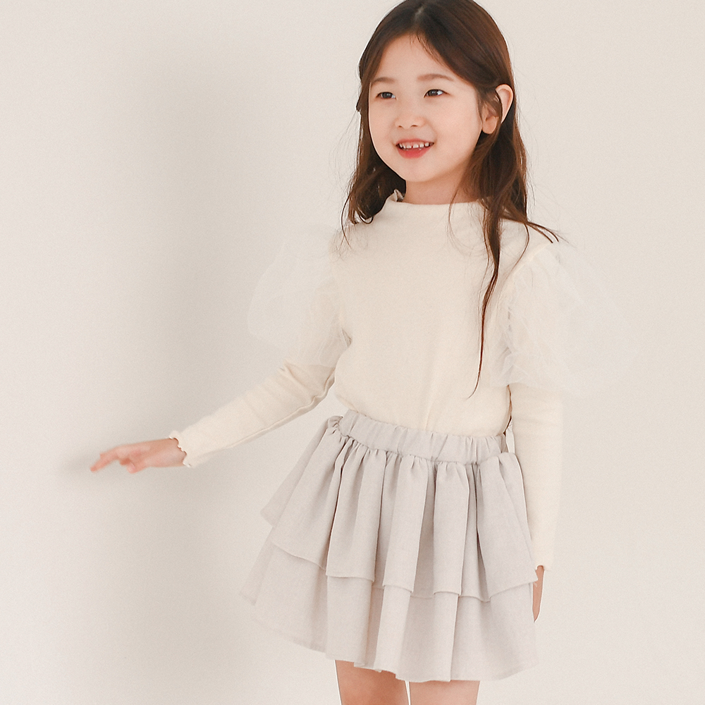 리슈나 샤 티셔츠 봄 가을 겨울 아이보리 블랙 아동 여아 유아 어린이 긴팔 어깨 망사 - 상세 이미지 2