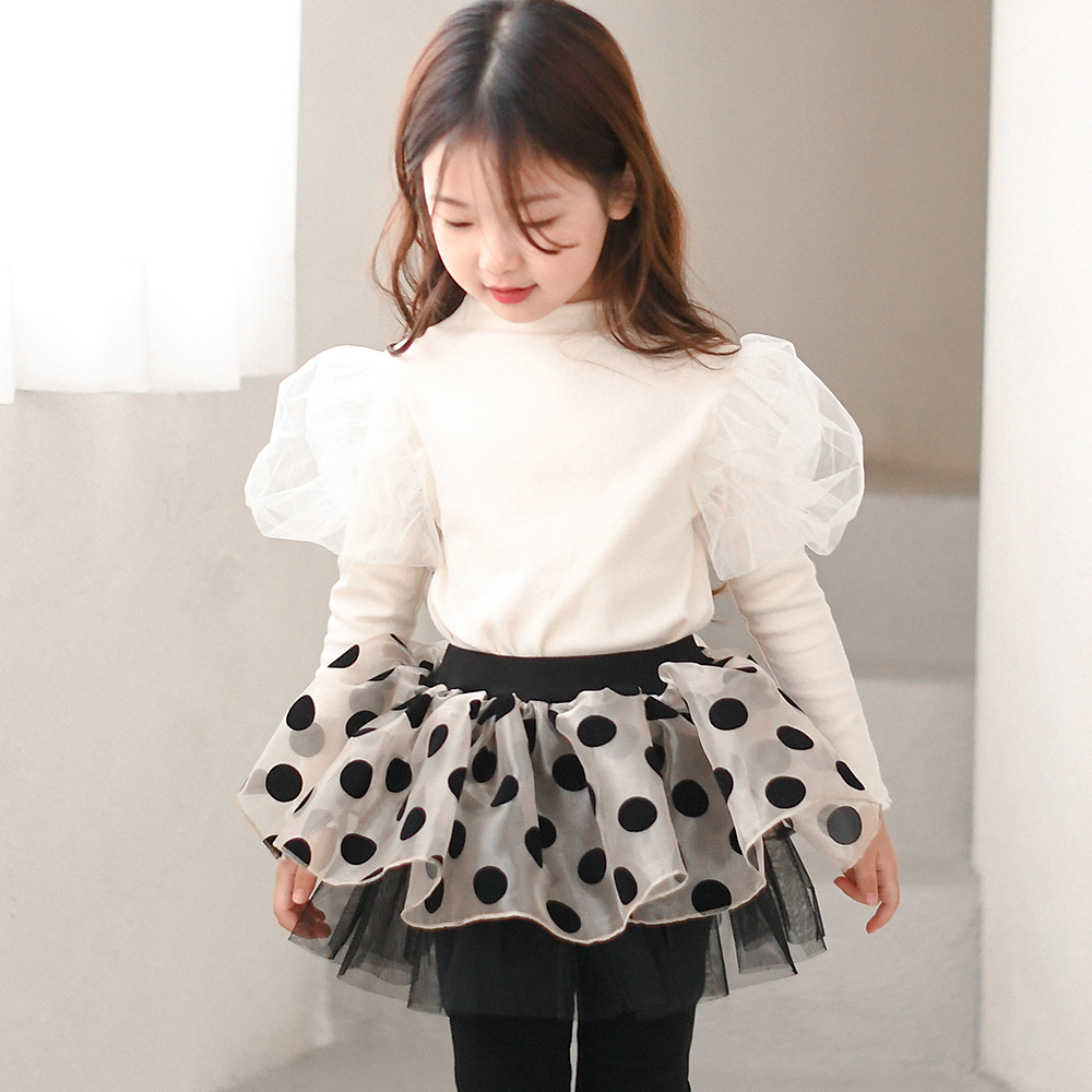 리슈나 샤 티셔츠 봄 가을 겨울 아이보리 블랙 아동 여아 유아 어린이 긴팔 어깨 망사 - 상품 이미지