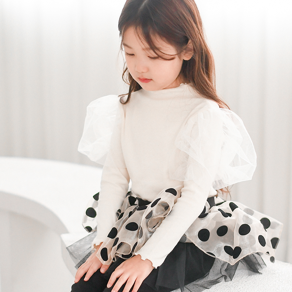 리슈나 샤 티셔츠 봄 가을 겨울 아이보리 블랙 아동 여아 유아 어린이 긴팔 어깨 망사 - 상세 이미지 5
