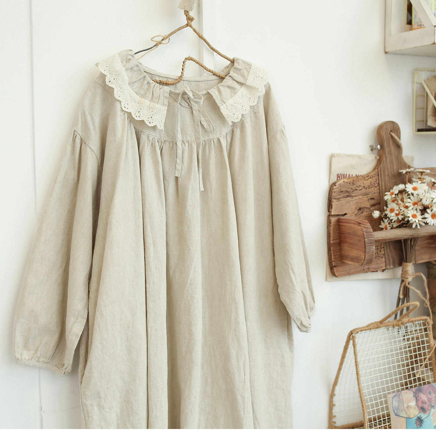 하마마스 린넨 러플 자수 H라인 원피스