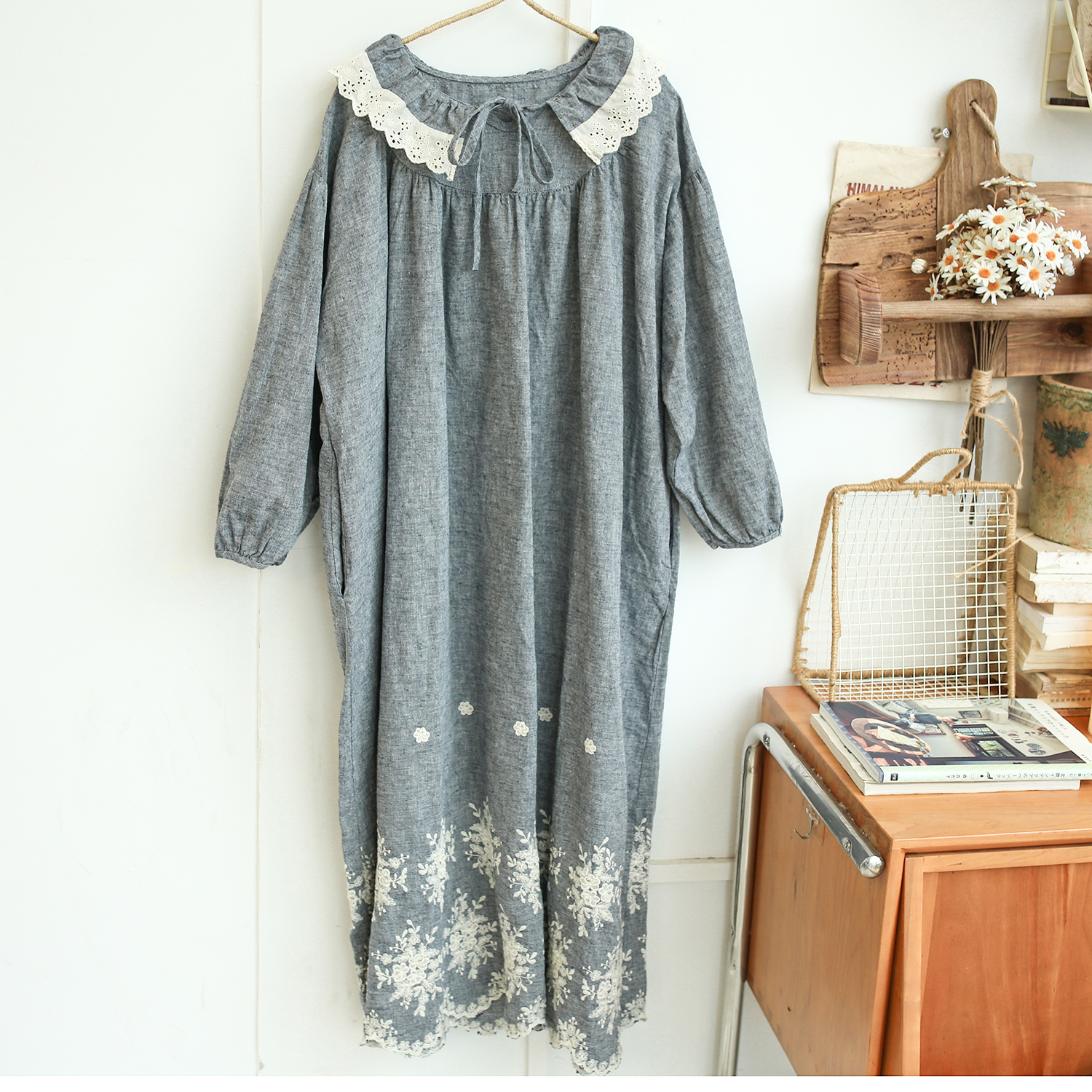 하마마스 린넨 러플 자수 H라인 원피스