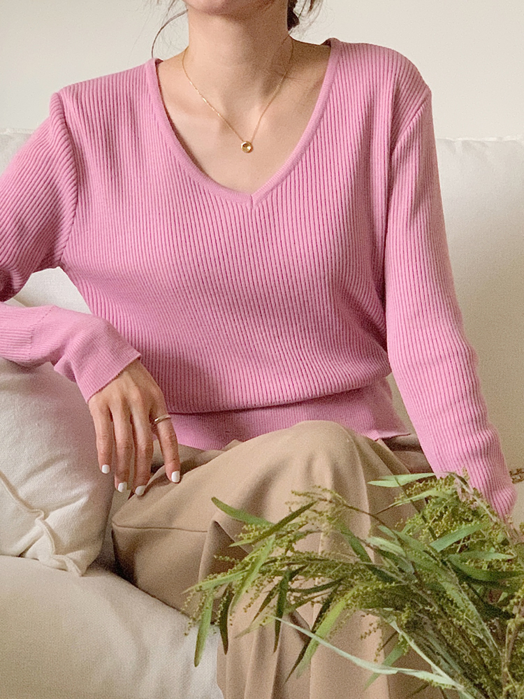 소프트 세미 크롭 골지니트 여자 브이넥 니트 루즈핏 여성 니트티 봄 가을 핑크 민트색