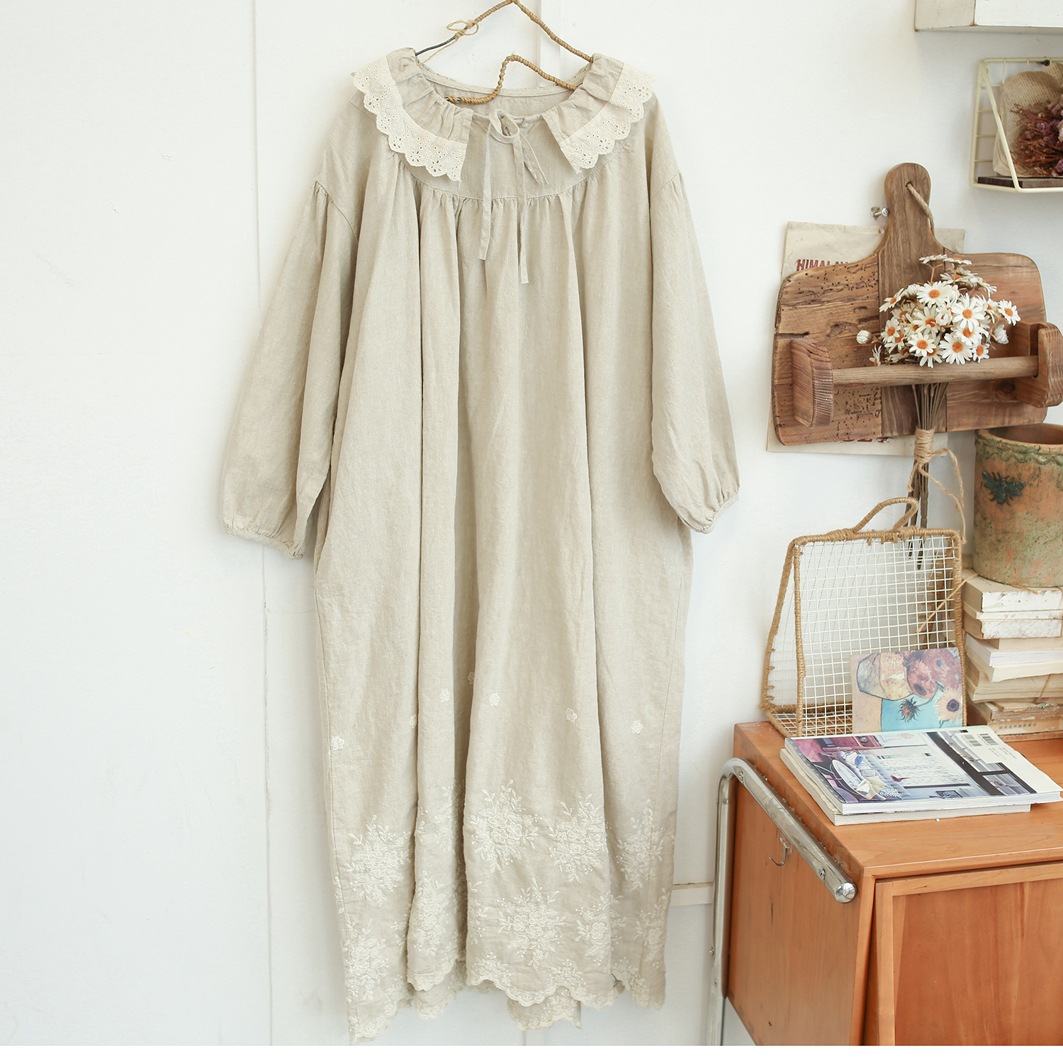 하마마스 러플 자수 H라인 린넨원피스 루즈핏 미시옷 여성의류