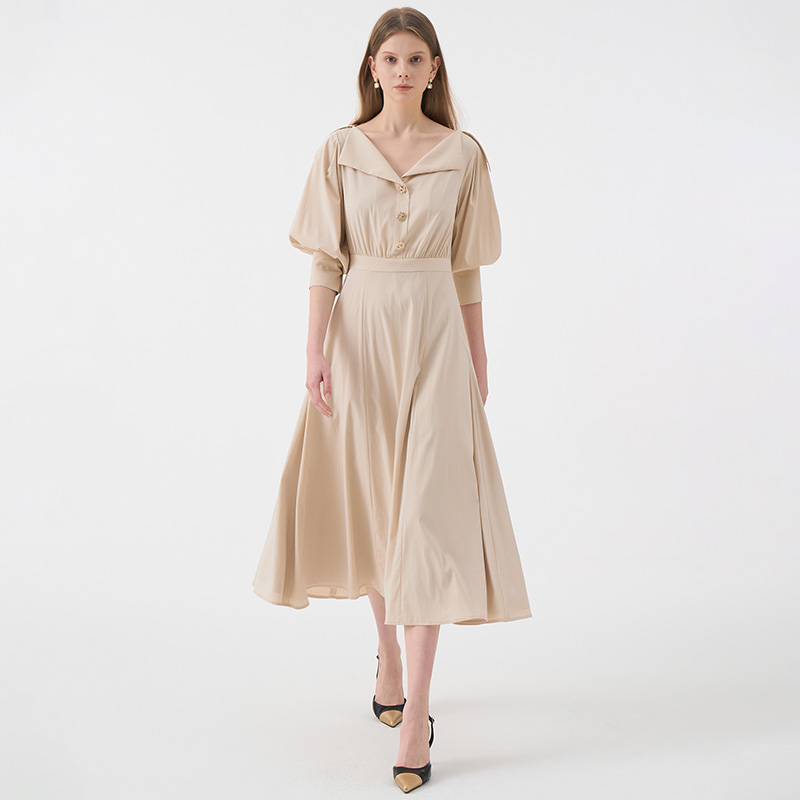 LEINA Deep Vneck Collar Flared Dress_Beige 이미지 3