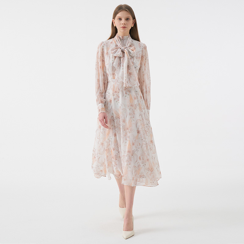 ANASTASIA Mock neck Chiffon Ribbon Tie Flared Dress_Ivory Flower 이미지 4