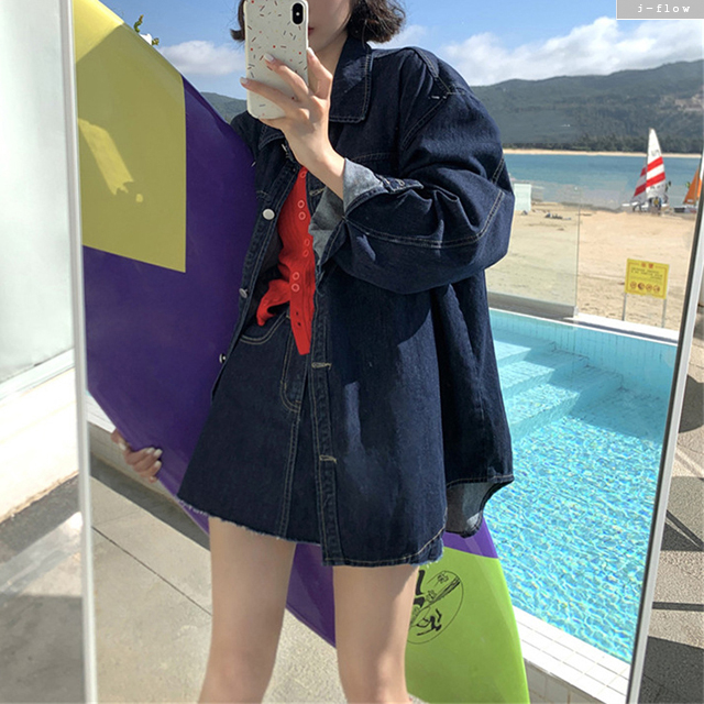 모스코 데님 셔츠 자켓 미니스커트 세트 1col 봄 가을 루즈핏 카라 제이플로우 - 상세 이미지 2