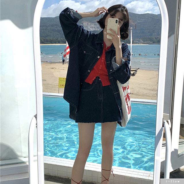 모스코 데님 셔츠 자켓 미니스커트 세트 1col 봄 가을 루즈핏 카라 제이플로우 - 상세 이미지 3