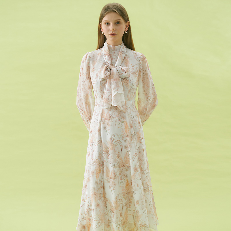 ANASTASIA Mock neck Chiffon Ribbon Tie Flared Dress_Ivory Flower 이미지 2