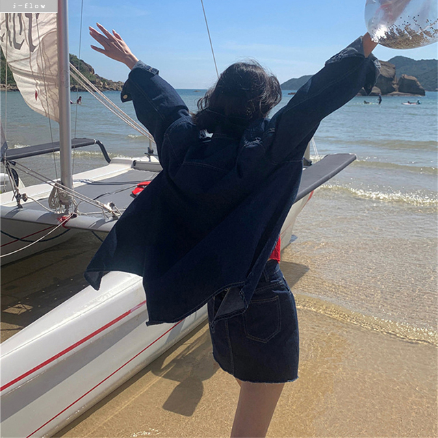 모스코 데님 셔츠 자켓 미니스커트 세트 1col 봄 가을 루즈핏 카라 제이플로우 - 상세 이미지 5