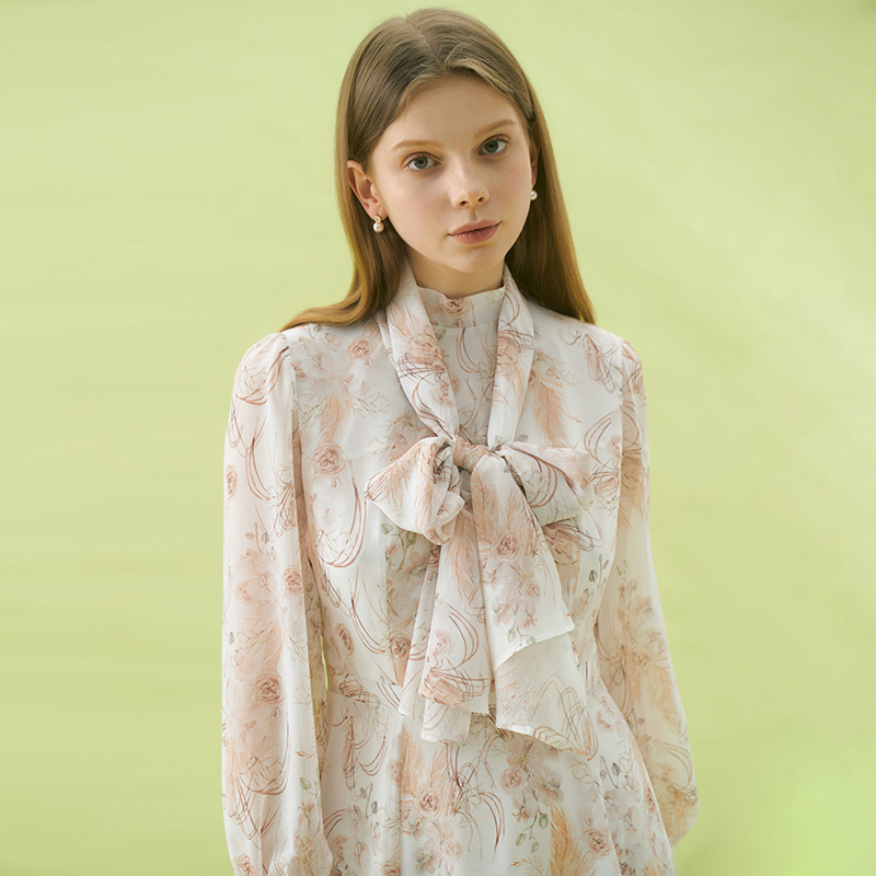 ANASTASIA Mock neck Chiffon Ribbon Tie Flared Dress_Ivory Flower 이미지 3