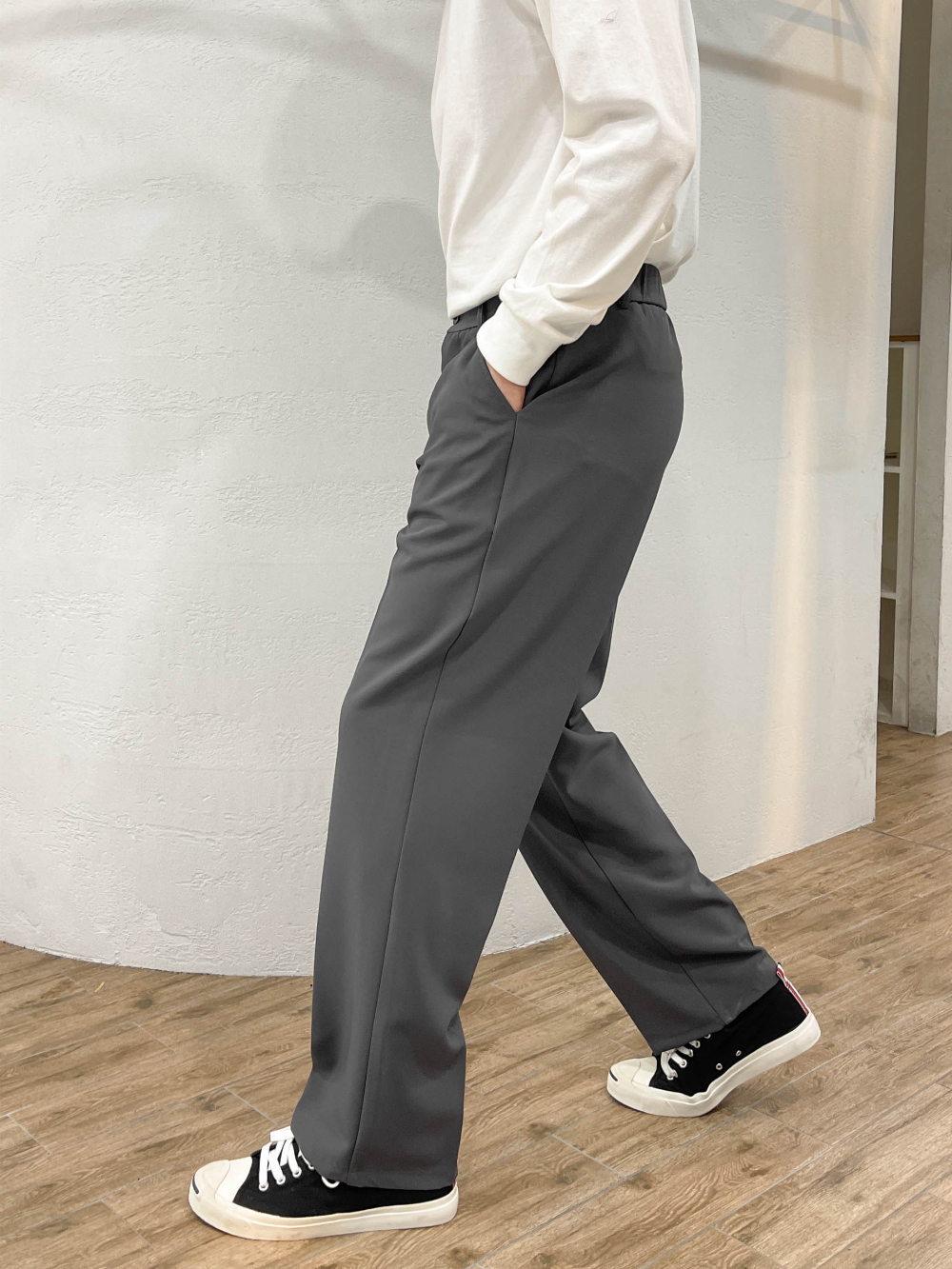 남자세미와이드슬랙스 10부 링클프리 슬랙스 봄 여름 정장바지 뒷밴딩 스판 팬츠 빅 사이즈 - 상세 이미지 2