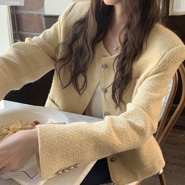 샤베트 라운드 은장버튼 트위드 자켓 2col 가을 봄 루즈핏 노카라 포켓 하객 제이플로우