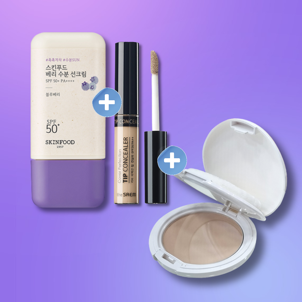 스킨푸드베리 수분선크림+팁컨실러+하나모리 UV쉬어프레스드파우더40호 투명메이크업 - 상품 이미지