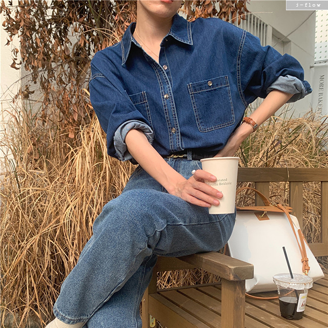 애든 포켓 데님 카라 루즈핏 셔츠 1col 봄 가을 자켓 캐쥬얼 데일리 박시 제이플로우 - 상세 이미지 2
