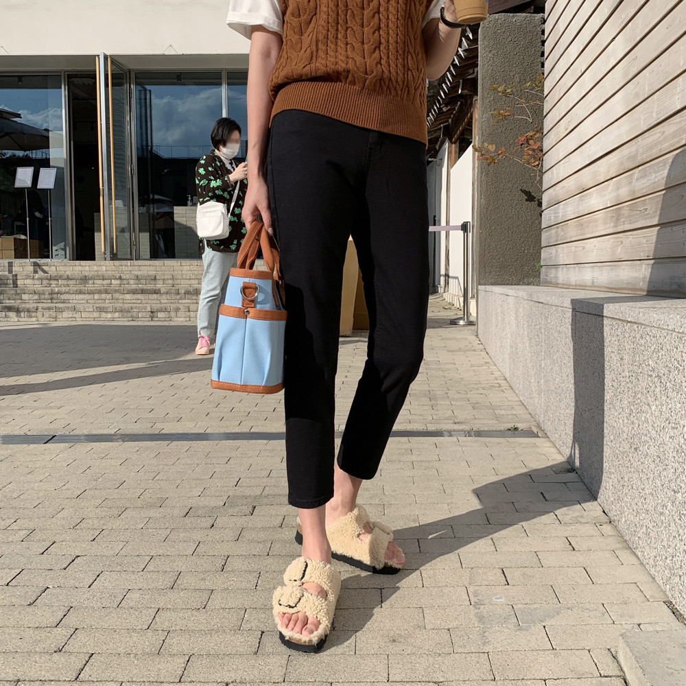 하이웨스트 여성 면바지 스판 슬림 스키니 여자 일자 팬츠 블랙 아이보리 베이지 - 상품 이미지