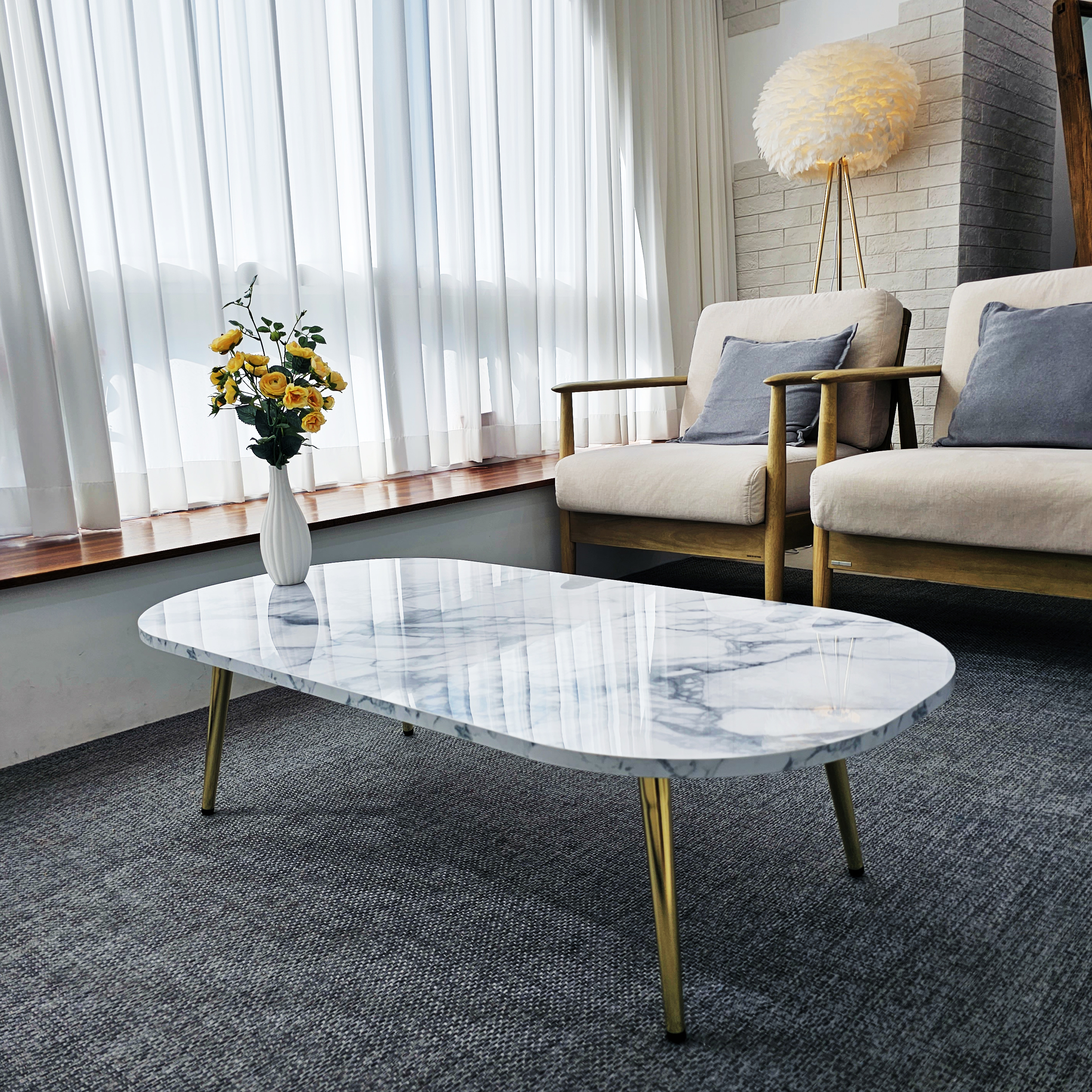 메리골드리빙 국산 거실 테이블 좌식 쇼파 타원형 티테이블 고정식 다리 1골드 대리석