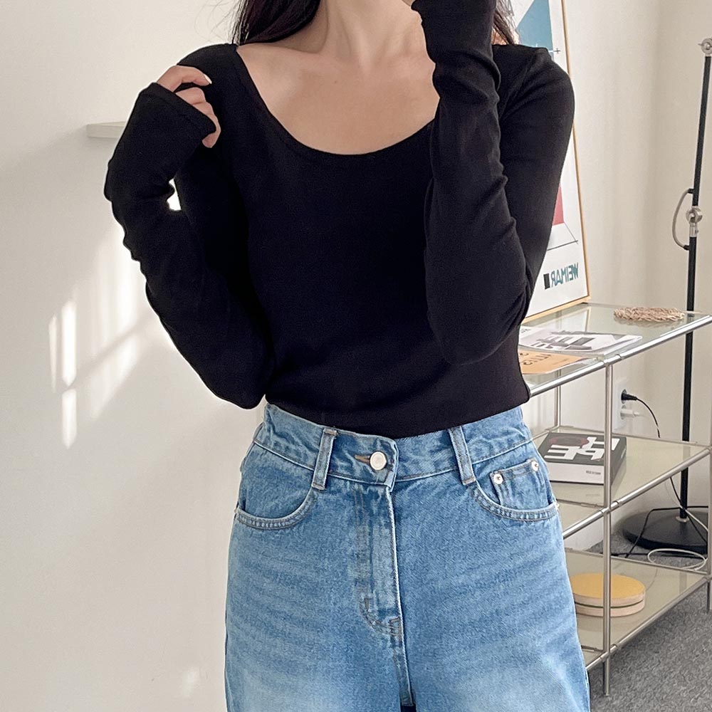 베이직 레이어드 스판 모달 유넥 티셔츠 이너 긴팔 무지 반팔 여성 티셔츠 면 기본 여자흰티 이미지 3