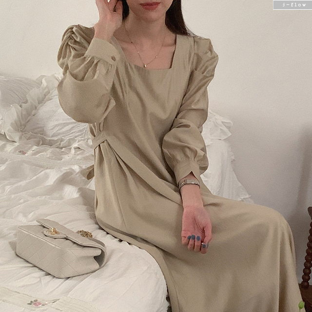 모리 스퀘어넥 퍼프 셔링 허리끈 롱원피스 2col 봄 가을 새틴 쉬폰 실키 제이플로우 - 상세 이미지 3