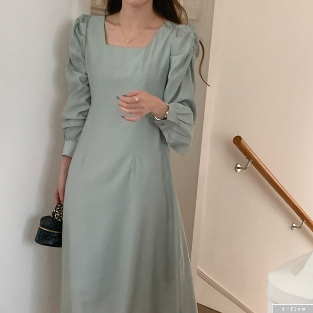 모리 스퀘어넥 퍼프 셔링 허리끈 롱원피스 2col 봄 가을 새틴 쉬폰 실키 제이플로우 이미지 6