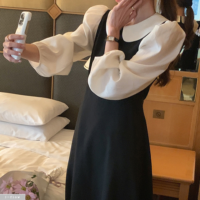센스 둥근카라 블라우스 일체형 레이어링 롱원피스 2col 봄 가을 쉬폰 퍼프 제이플로우 - 상세 이미지 3