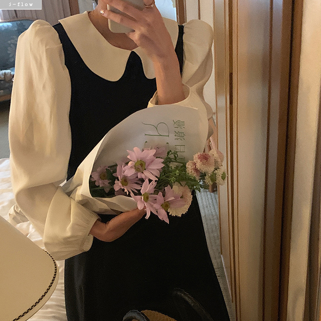 센스 둥근카라 블라우스 일체형 레이어링 롱원피스 2col 봄 가을 쉬폰 퍼프 제이플로우 이미지 8