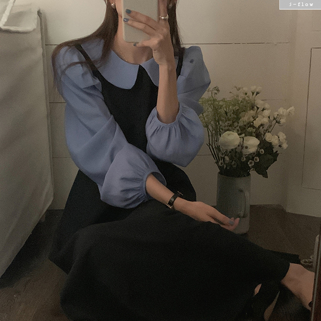 센스 둥근카라 블라우스 일체형 레이어링 롱원피스 2col 봄 가을 쉬폰 퍼프 제이플로우 - 상세 이미지 4
