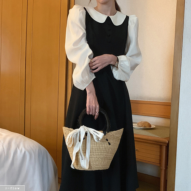센스 둥근카라 블라우스 일체형 레이어링 롱원피스 2col 봄 가을 쉬폰 퍼프 제이플로우 - 상품 이미지