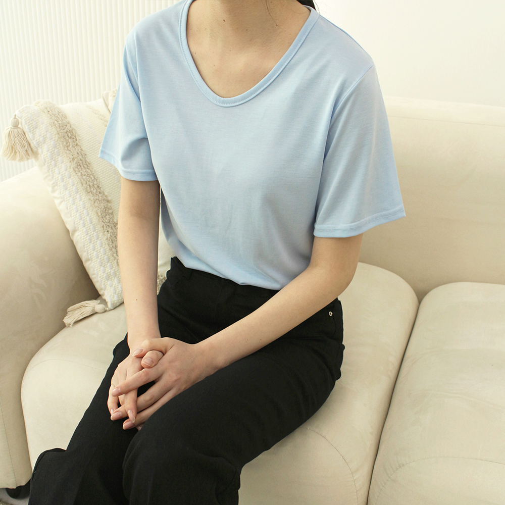 여성 찰랑 모달 브이넥 티셔츠 이너 반팔티 핑크 노란 하늘색 이미지 2