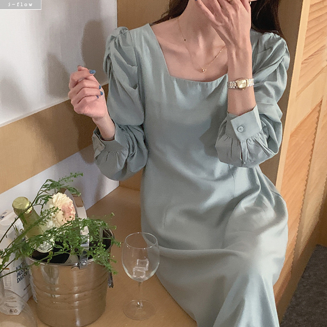 모리 스퀘어넥 퍼프 셔링 허리끈 롱원피스 2col 봄 가을 새틴 쉬폰 실키 제이플로우 - 상세 이미지 4