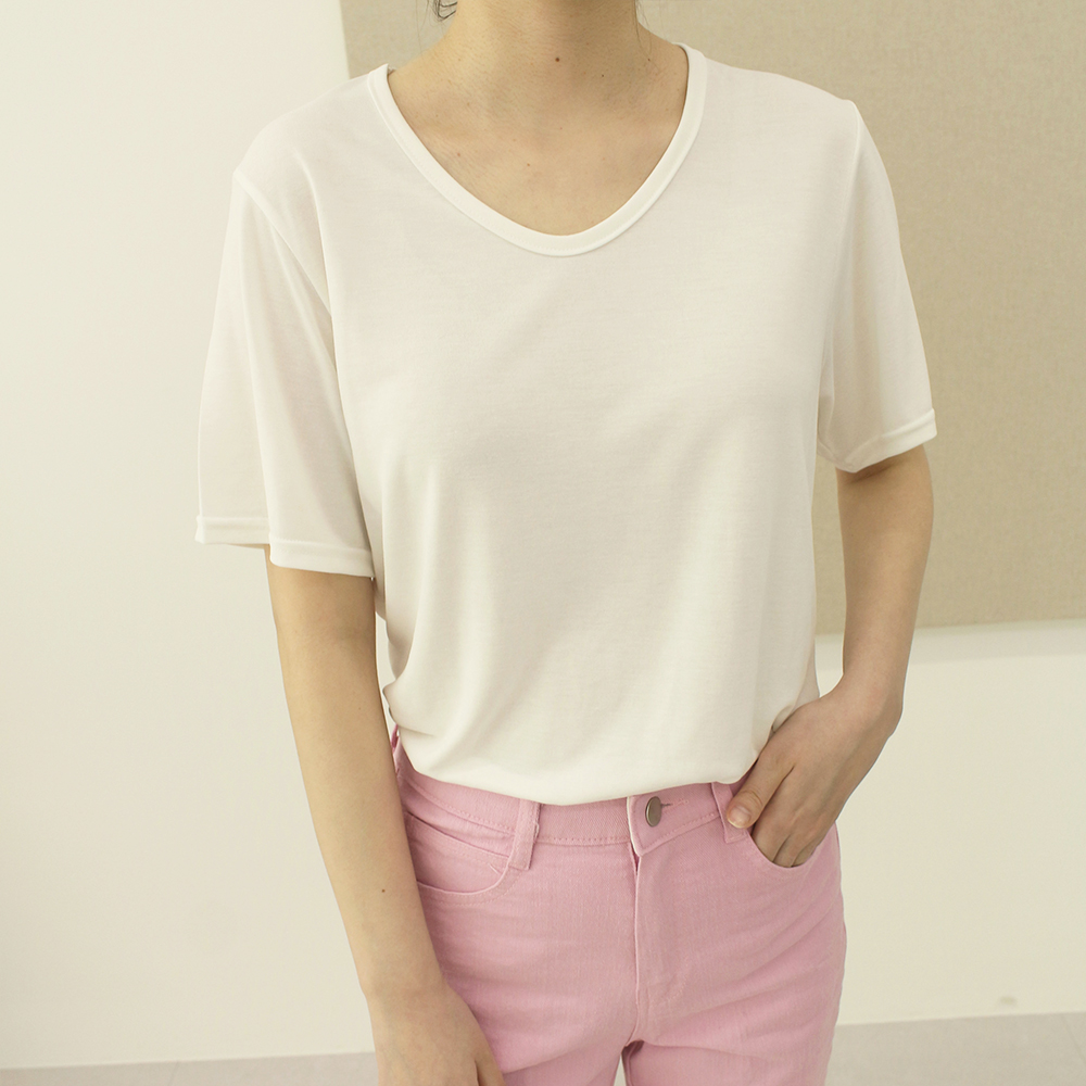 여성 찰랑 모달 브이넥 티셔츠 이너 반팔티 핑크 노란 하늘색 이미지 3