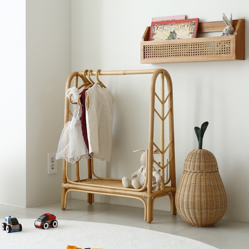 라탄 미니 스탠드행거 이동식 원목 선반 수납 옷걸이 아이방 옷가게 옷장