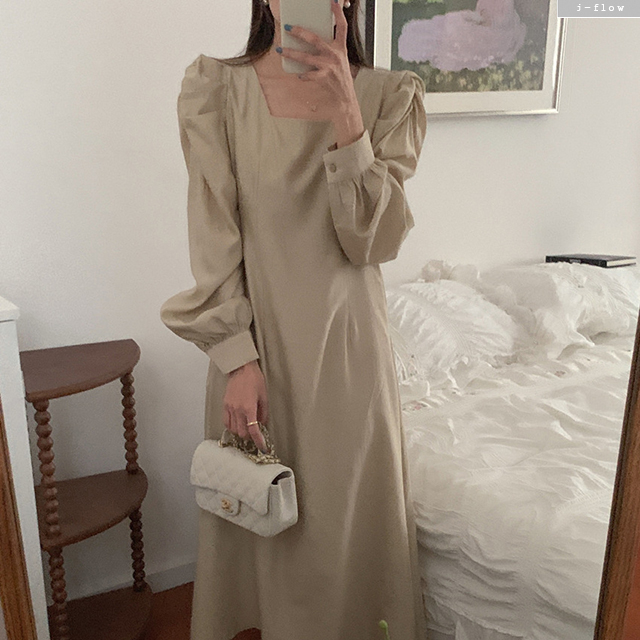 모리 스퀘어넥 퍼프 셔링 허리끈 롱원피스 2col 봄 가을 새틴 쉬폰 실키 제이플로우 이미지 7