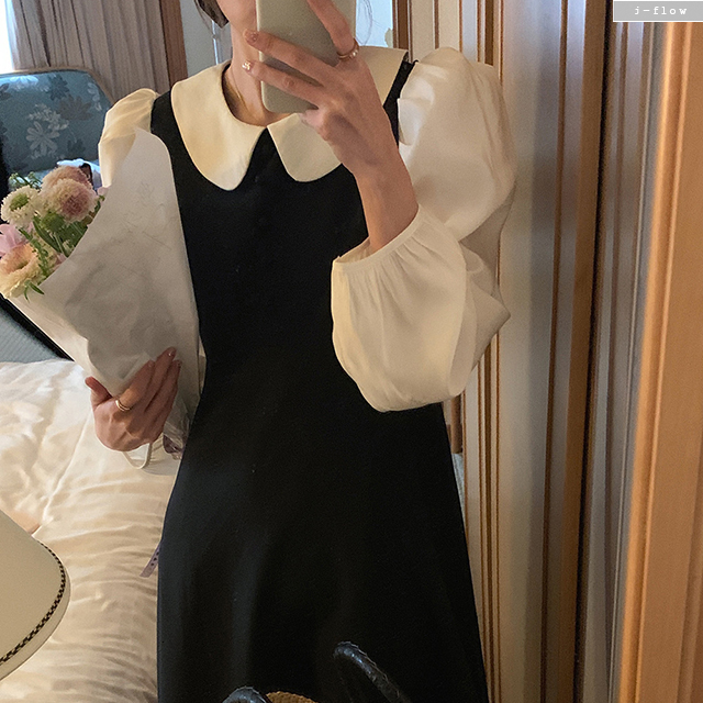 센스 둥근카라 블라우스 일체형 레이어링 롱원피스 2col 봄 가을 쉬폰 퍼프 제이플로우 이미지 7