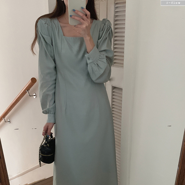 모리 스퀘어넥 퍼프 셔링 허리끈 롱원피스 2col 봄 가을 새틴 쉬폰 실키 제이플로우 이미지 8