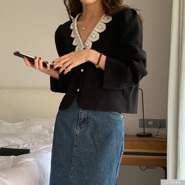 데미안 레이스카라 브이넥 진주버튼 크롭자켓 2col 봄 가을 퍼프 하객 로맨틱 제이플로우 - 상세 이미지 5