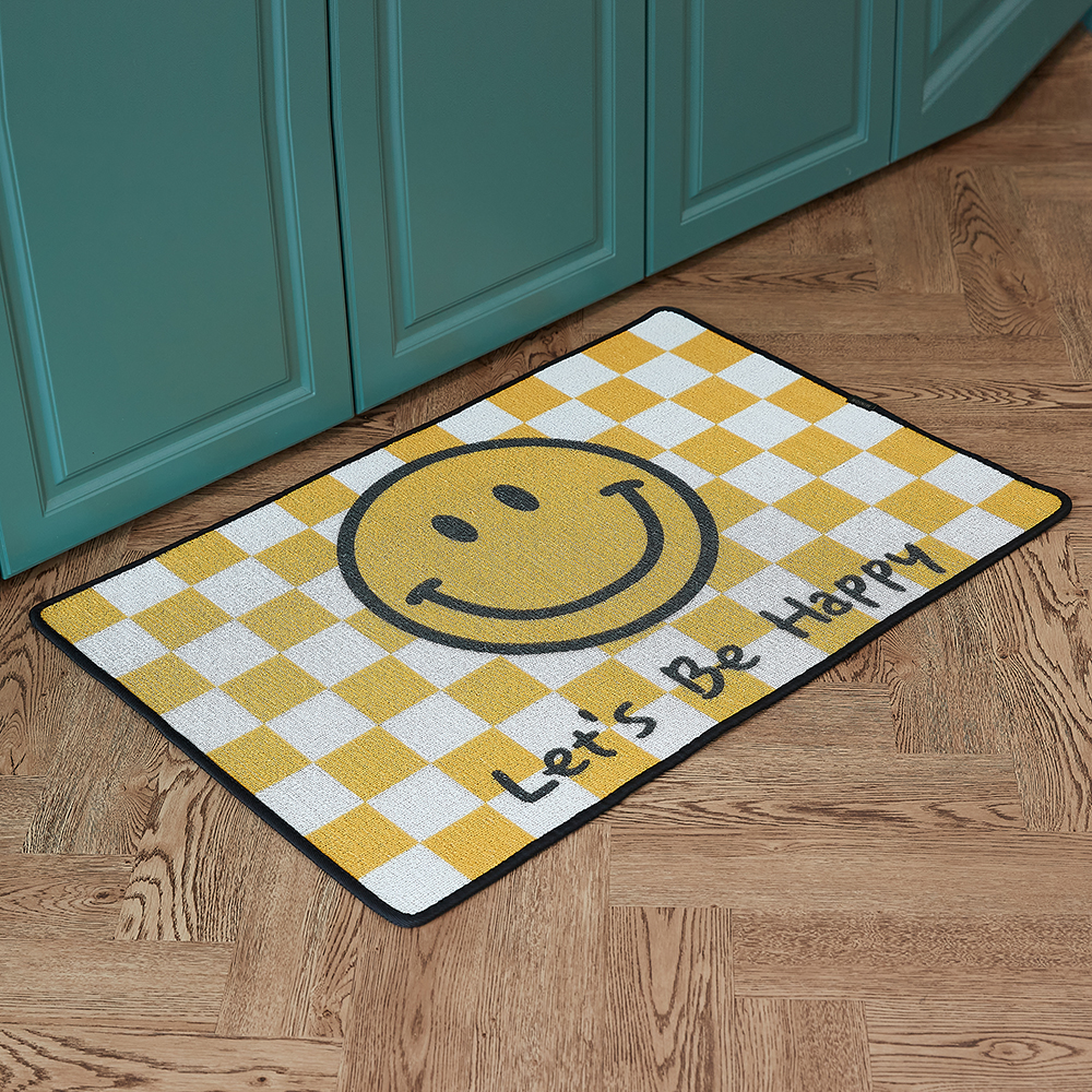 코메샵 현관 매트 노랑스마일씨 체커보드배경 코일매트 90x60cm
