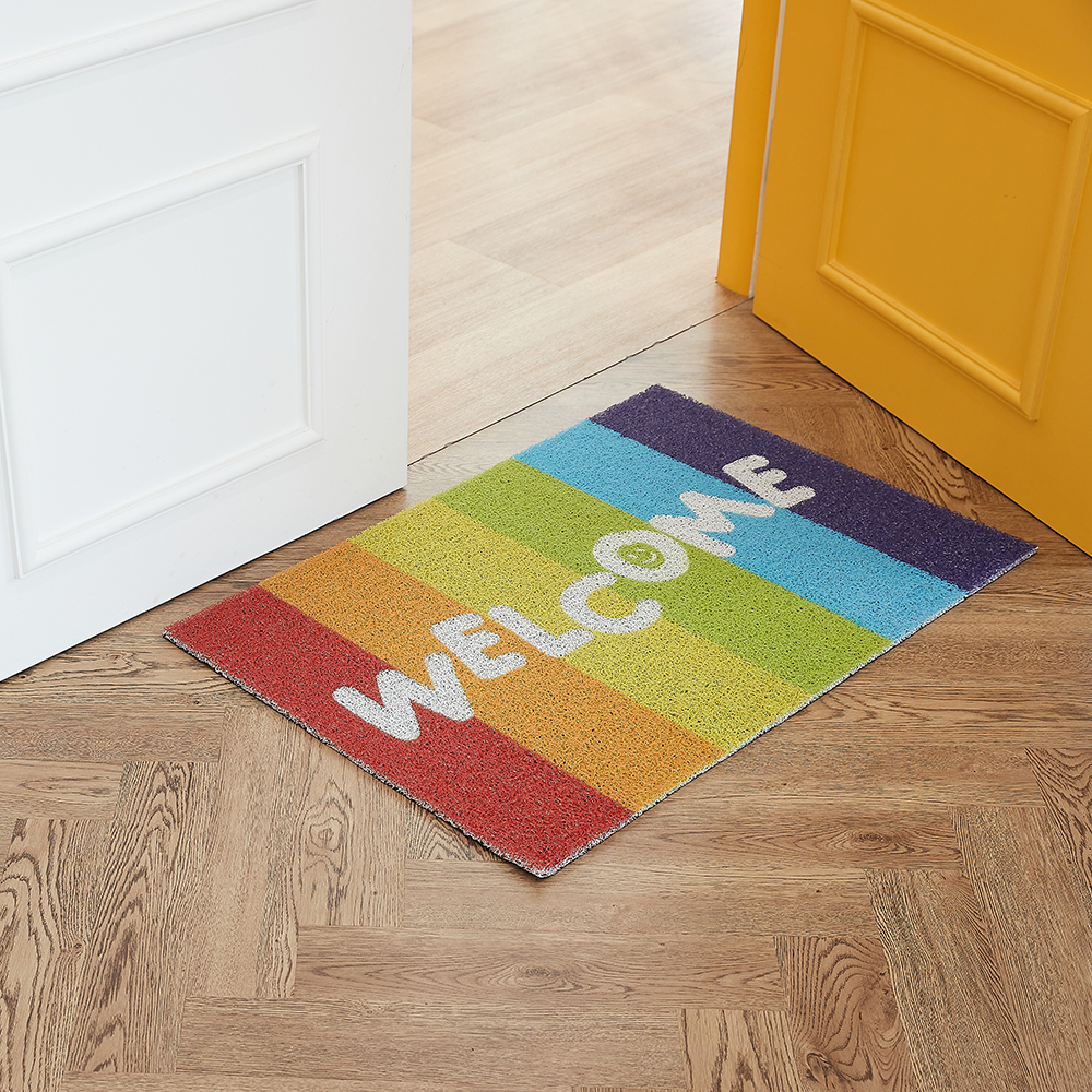 코메샵 현관 매트 노랑스마일씨 체커보드배경 코일매트 90x60cm