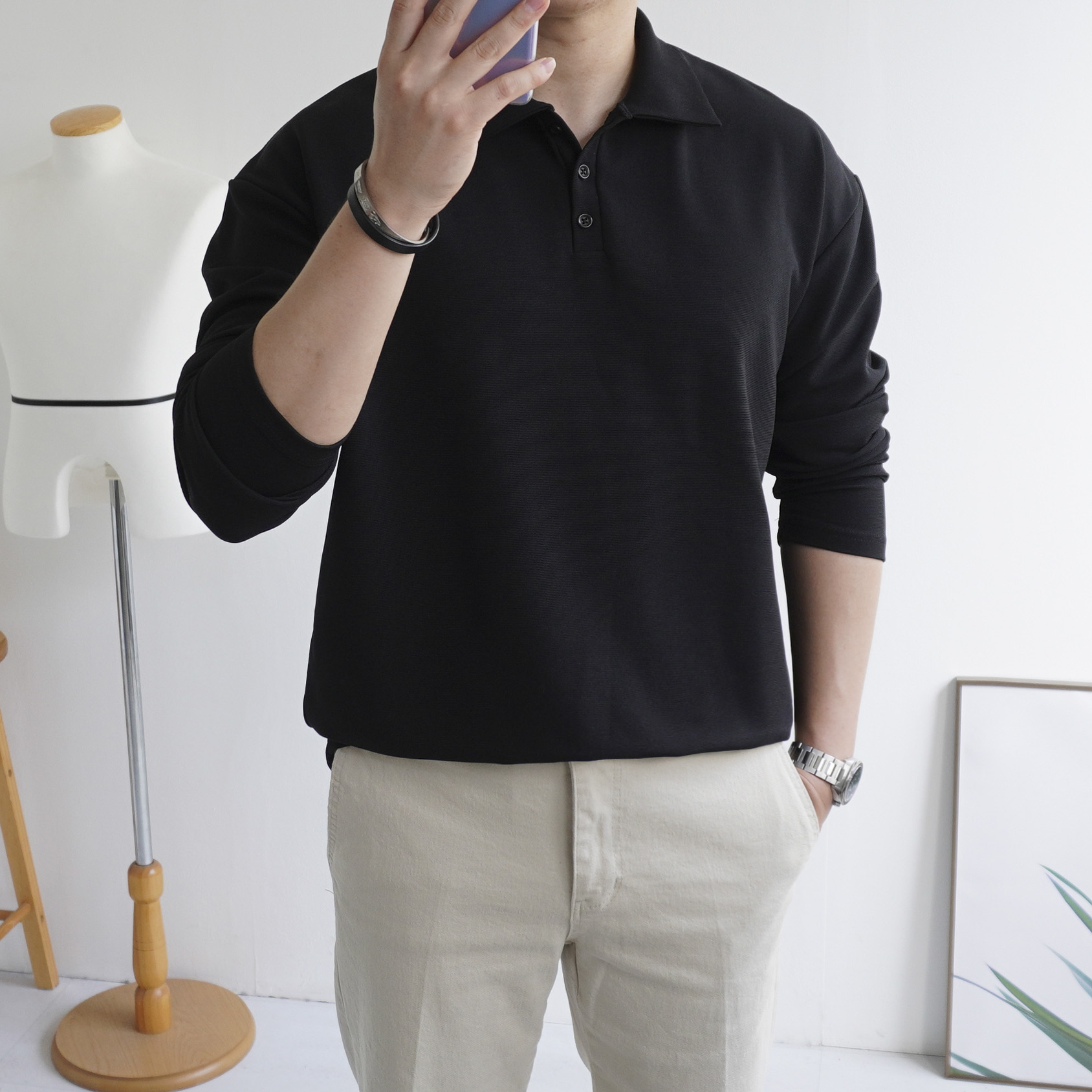 남자 워셔블 로이 단추 카라 티셔츠 긴팔 5컬러 이미지 2