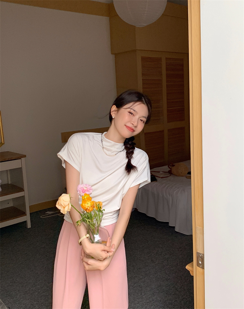 가련 여름 드레이프 셔링 터틀넥 반팔 티셔츠 이너티 블라우스 르뚜앙 상세 이미지 5