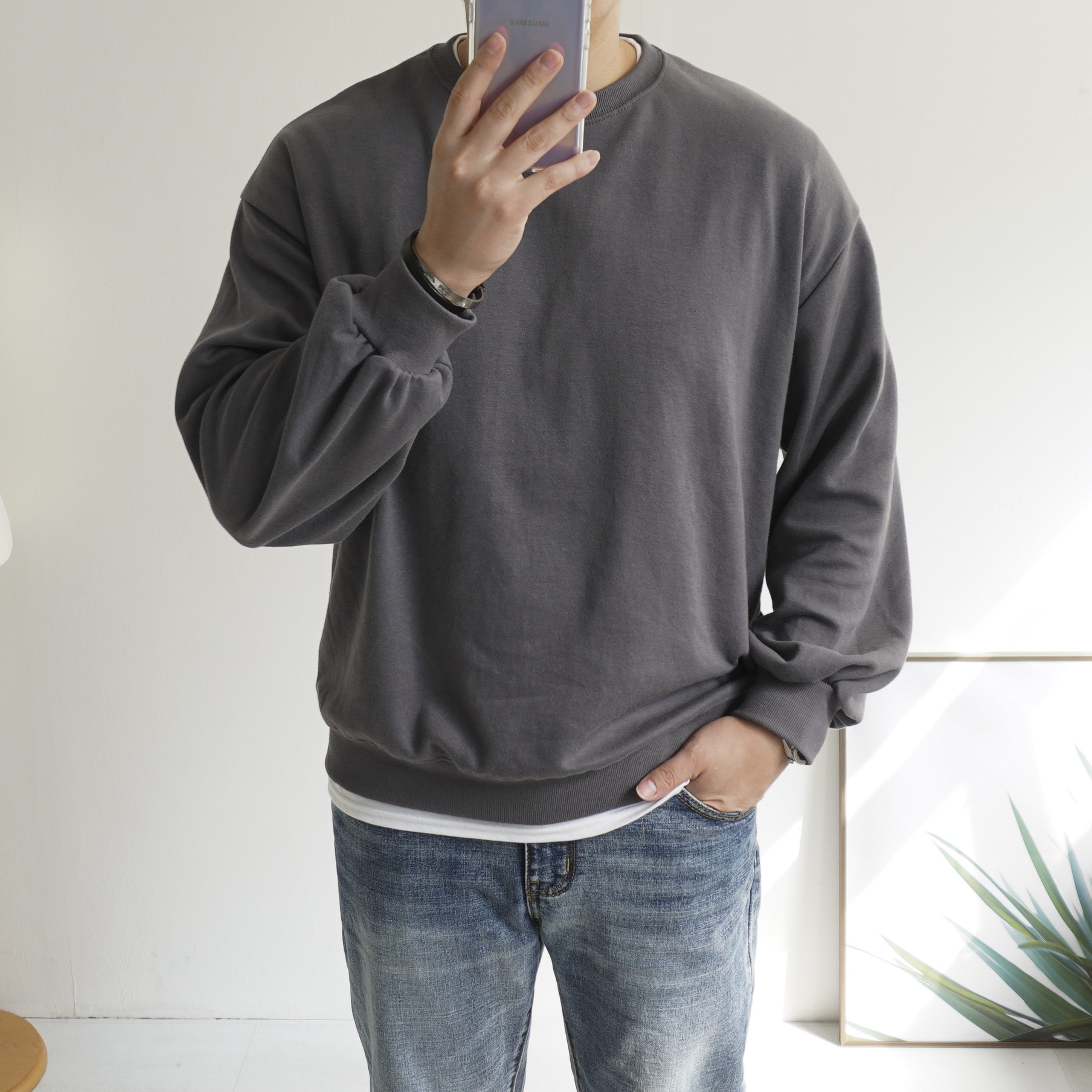 1+1 남녀공용 올데이 특양면 오버핏 기본 무지 맨투맨 기모 옵션 이미지 3